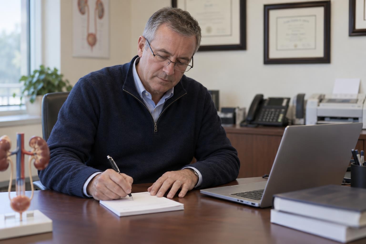 A urologist writing a prescription at his clinic desk beside a laptop