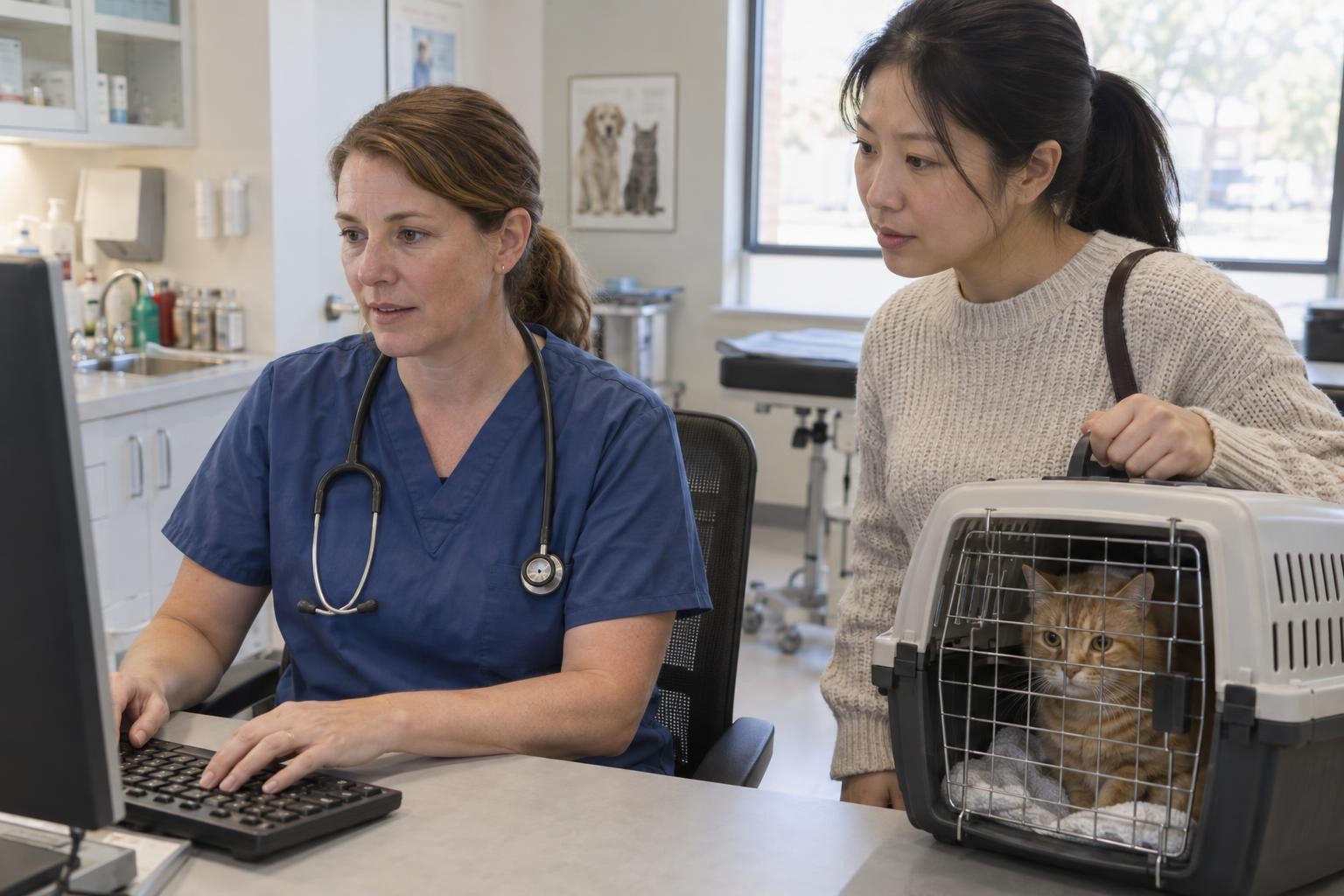 A veterinarian entering a prescription at her computer while Mei waits with her orange cat in a carrier