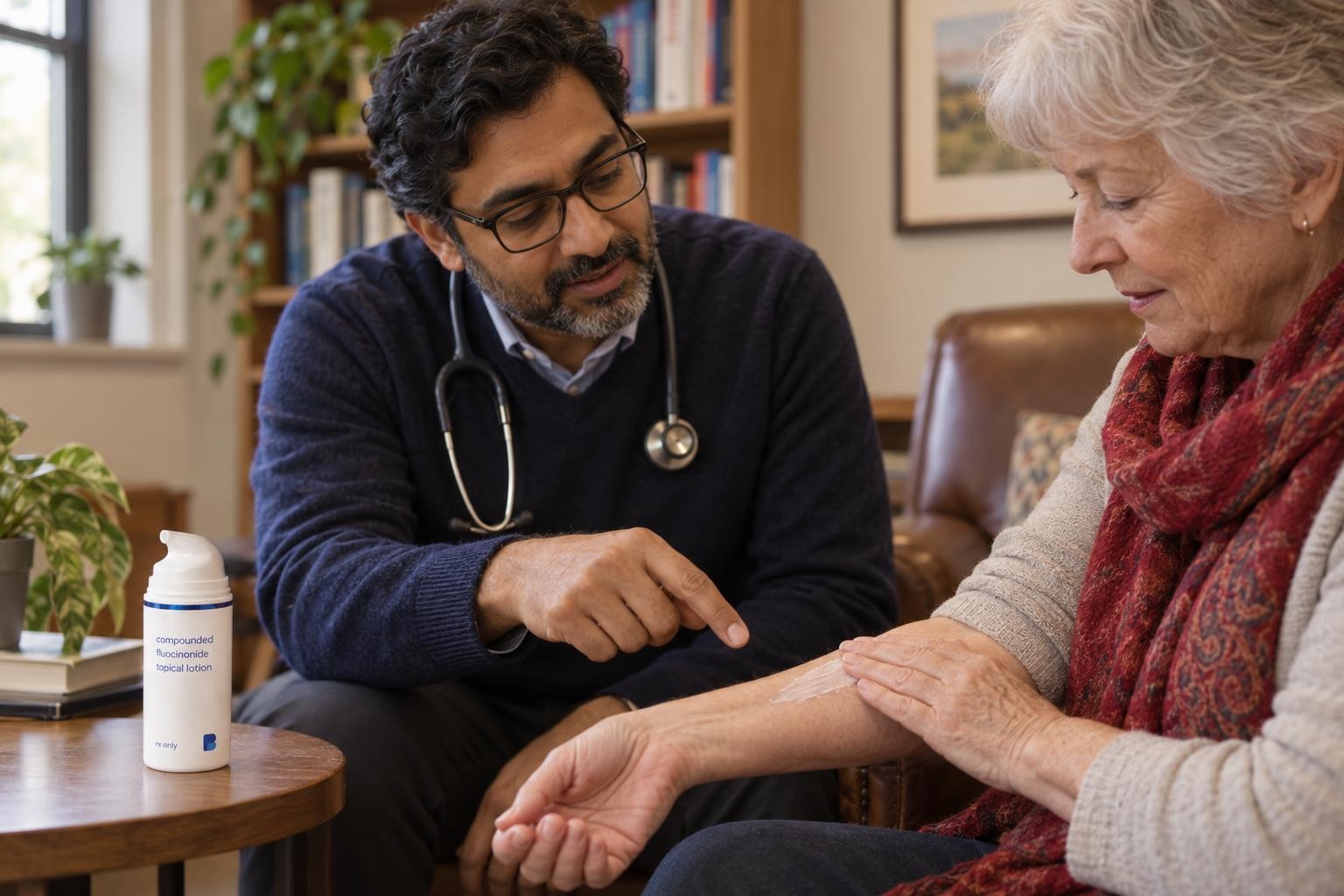 Tariq, a family physician, pointing to a thin layer of cream an older patient is spreading on her forearm, with Bayview compounded fluocinonide lotion on the side table