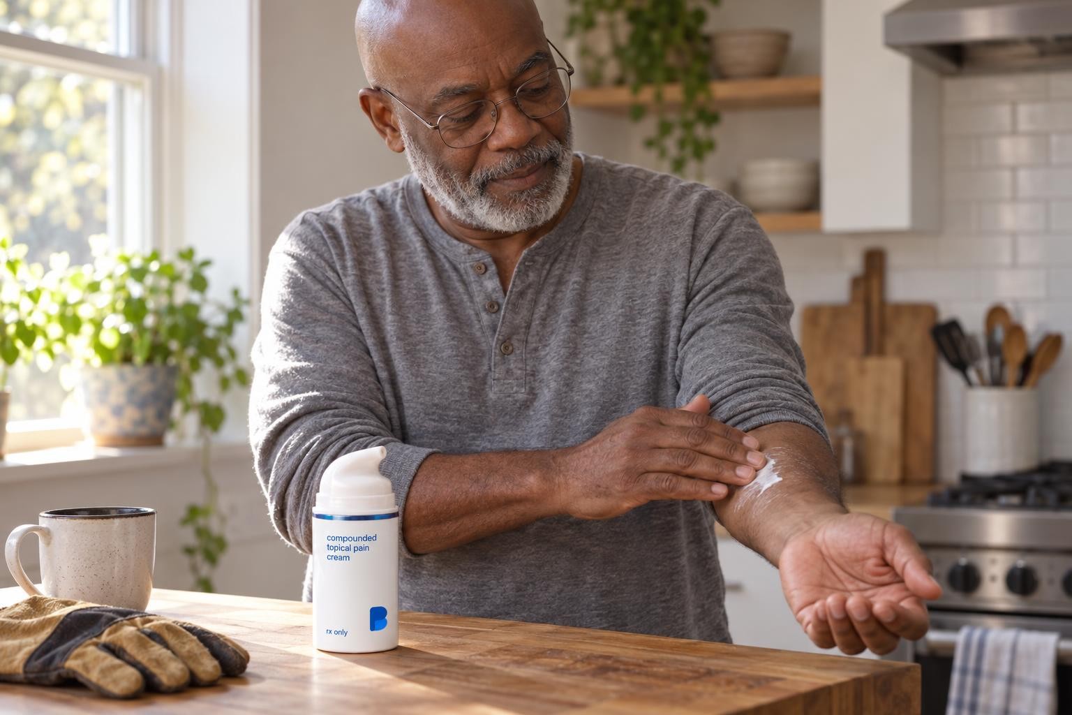 Darnell, a man in his mid 60s, rubbing Bayview compounded topical pain cream into his forearm at his kitchen counter