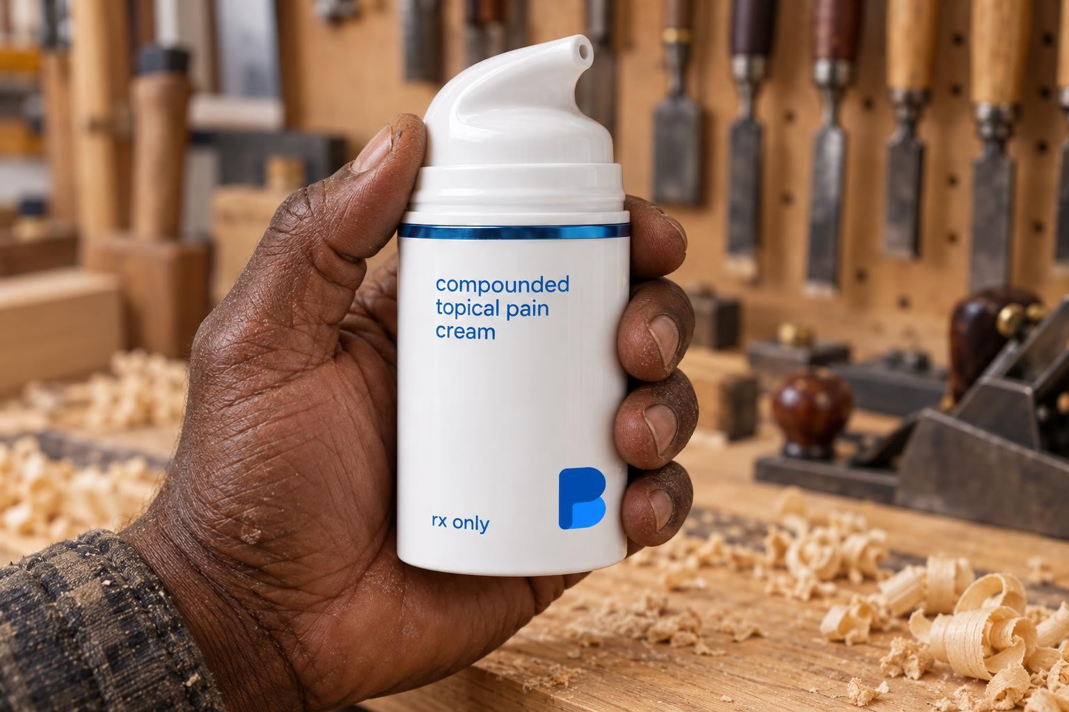 A weathered hand holding a pump bottle of Bayview compounded topical pain cream over a woodshop bench