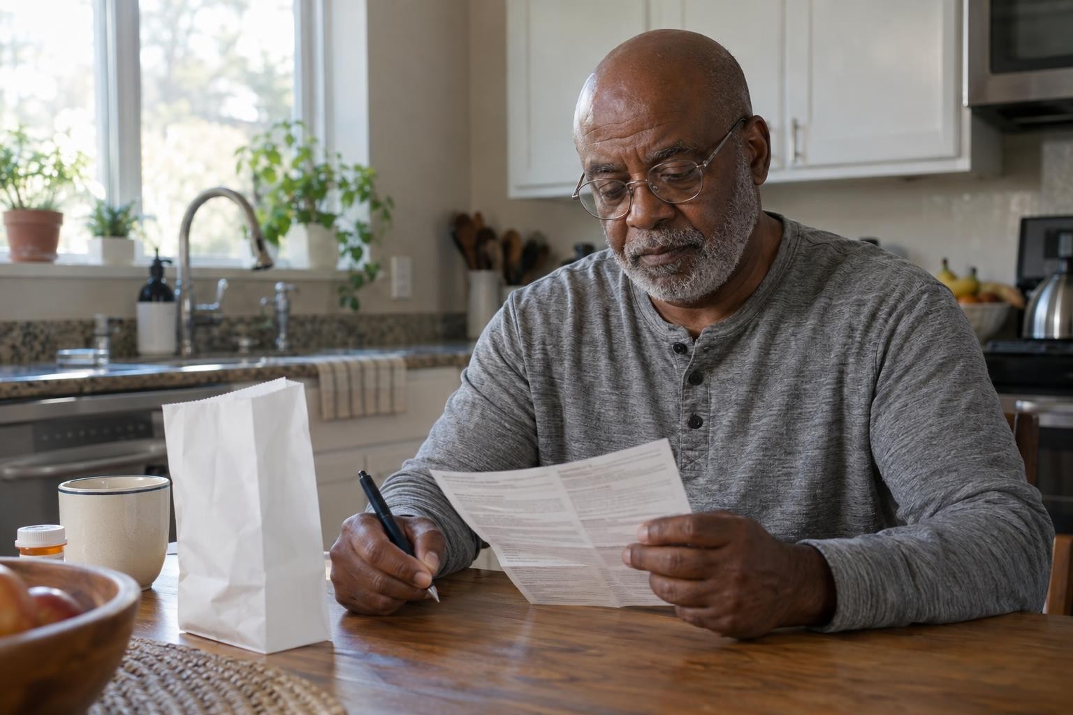 Darnell reading a pharmacy instruction sheet at his kitchen table with a pen in hand