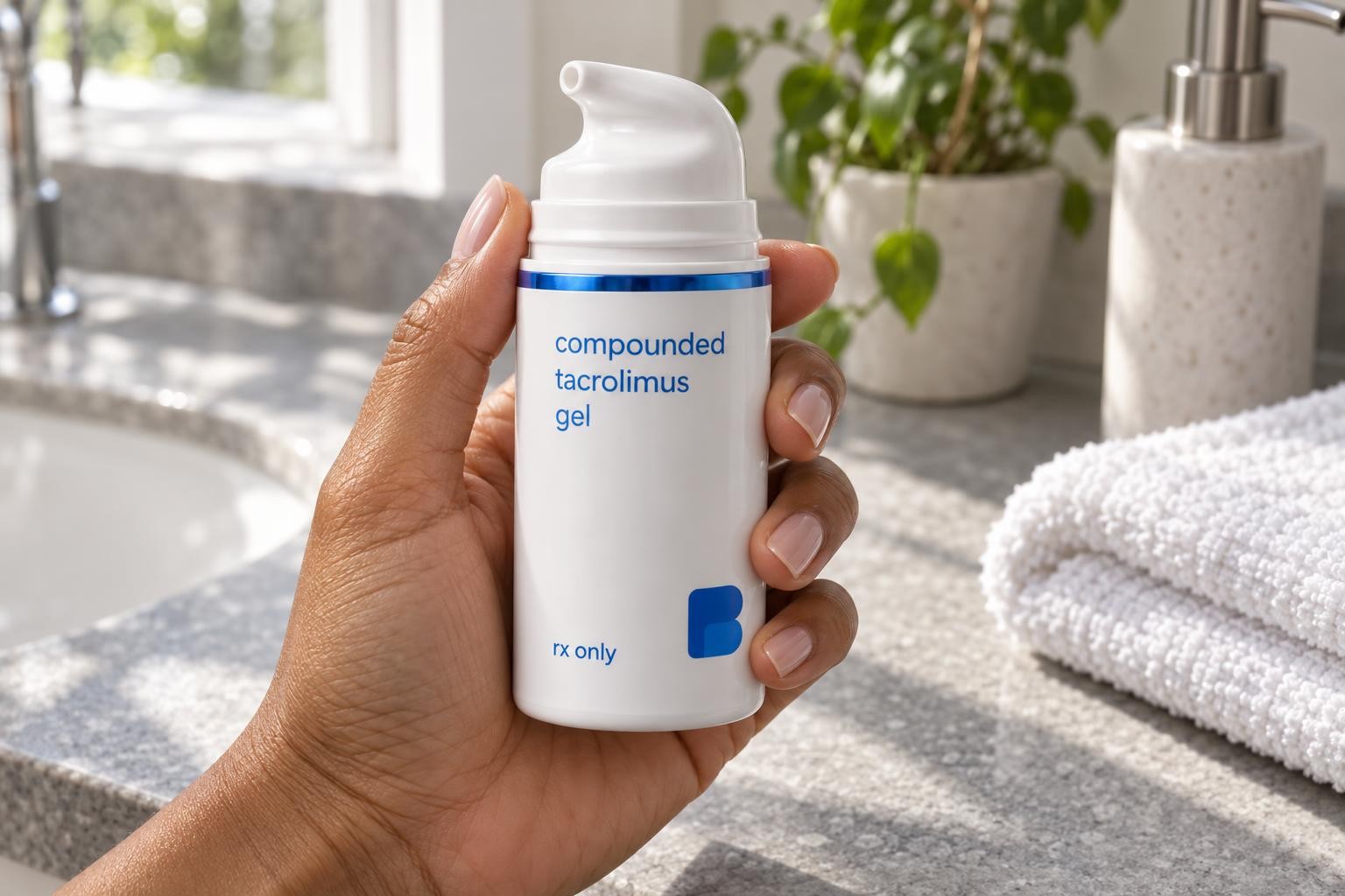 A hand holding a pump bottle of Bayview compounded tacrolimus gel beside a folded towel on a bathroom counter