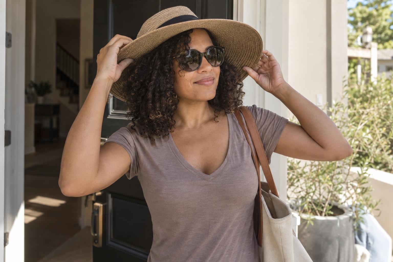 Nadia putting on a wide-brimmed sun hat and sunglasses at her front door