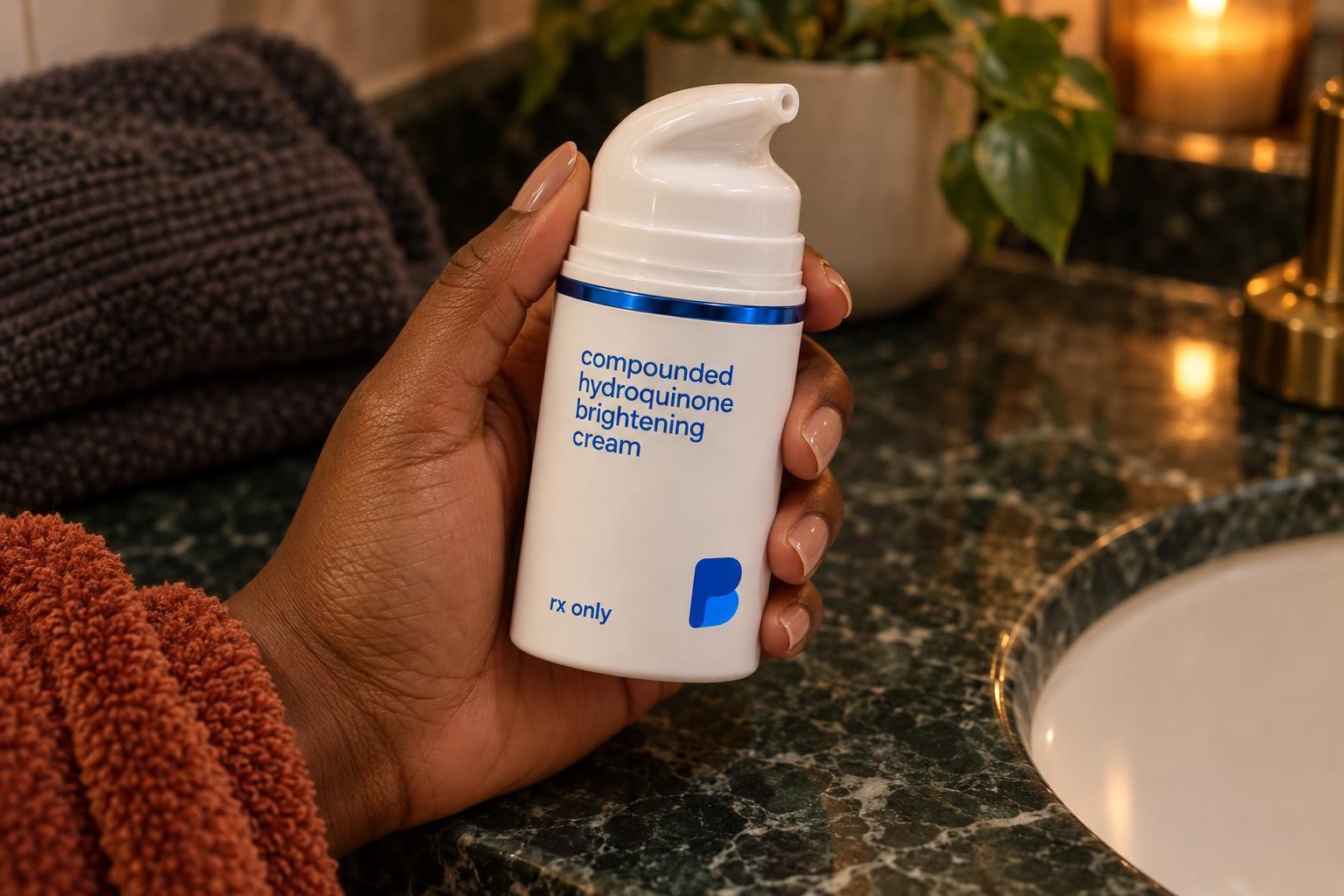 A hand holding a pump bottle of Bayview compounded hydroquinone brightening cream on a bathroom counter