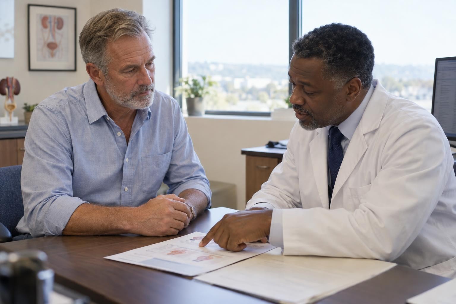 A man listening as his urologist explains a printed instruction sheet across a desk