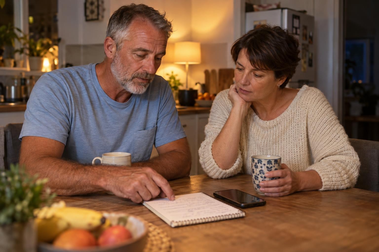 A man and his partner at the kitchen table in the evening, going over a written plan together