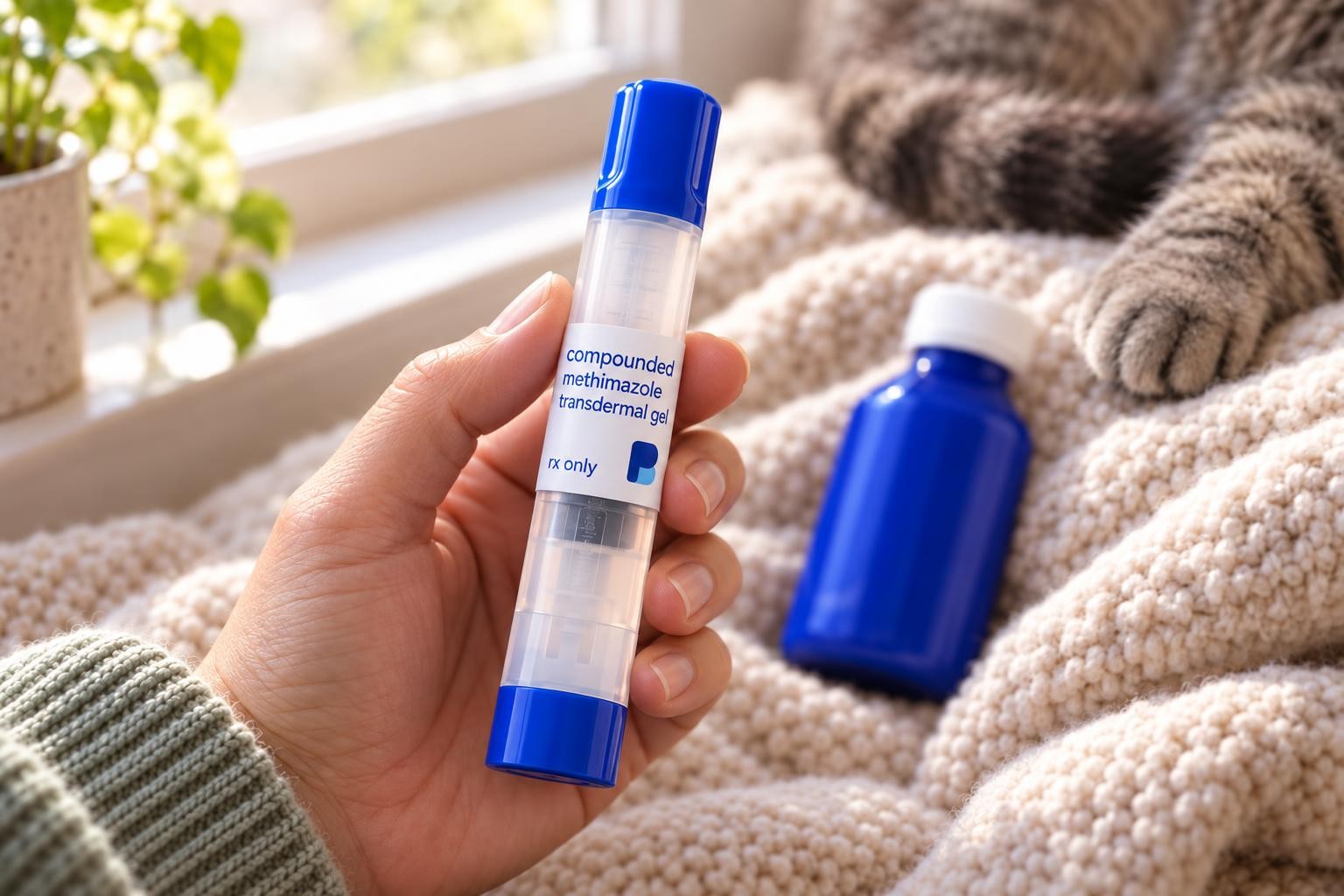 Hand holding the Bayview compounded methimazole transdermal gel applicator on a knit blanket, the suspension bottle and a grey tabby resting behind