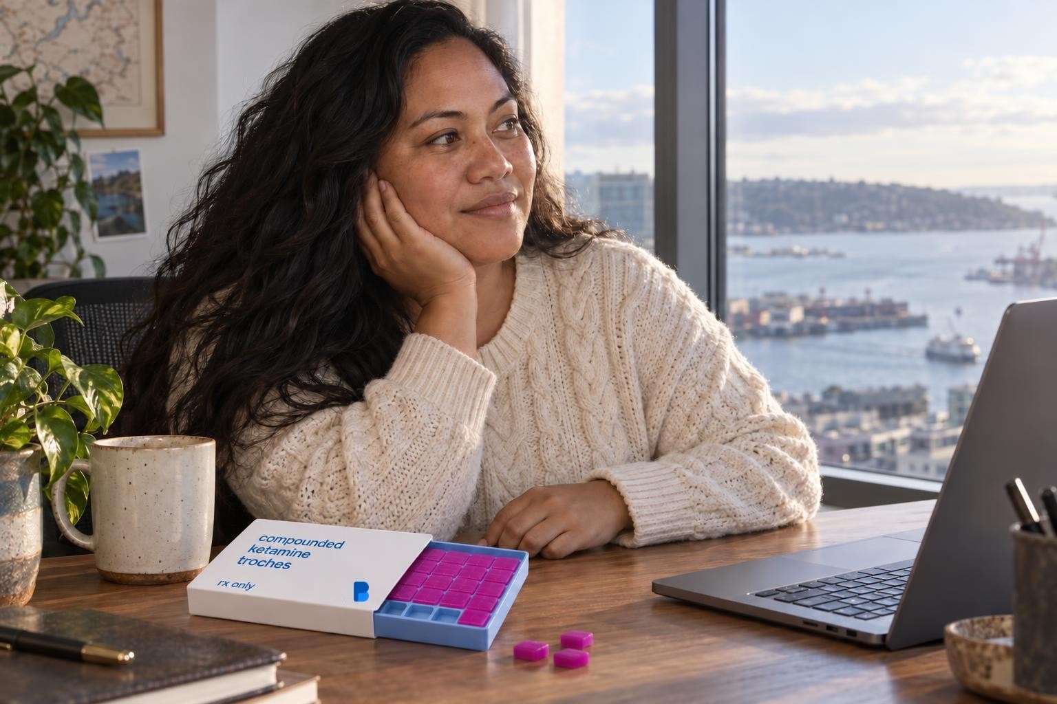 Leilani, a woman in her mid 30s, resting at her office desk by the harbor while a troche dissolves, a box of Bayview compounded ketamine troches beside her laptop