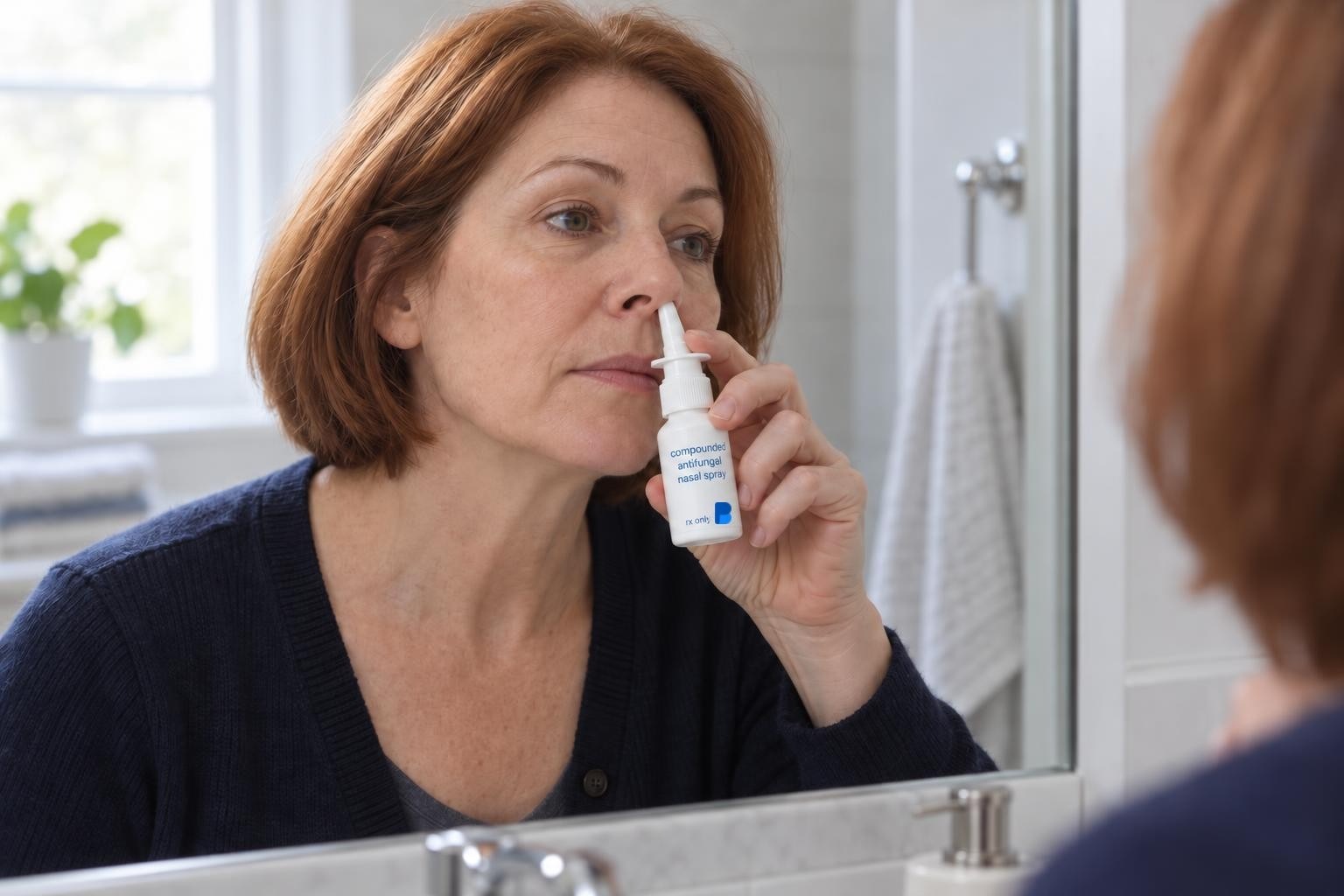 A woman at her bathroom mirror using Bayview compounded antifungal nasal spray