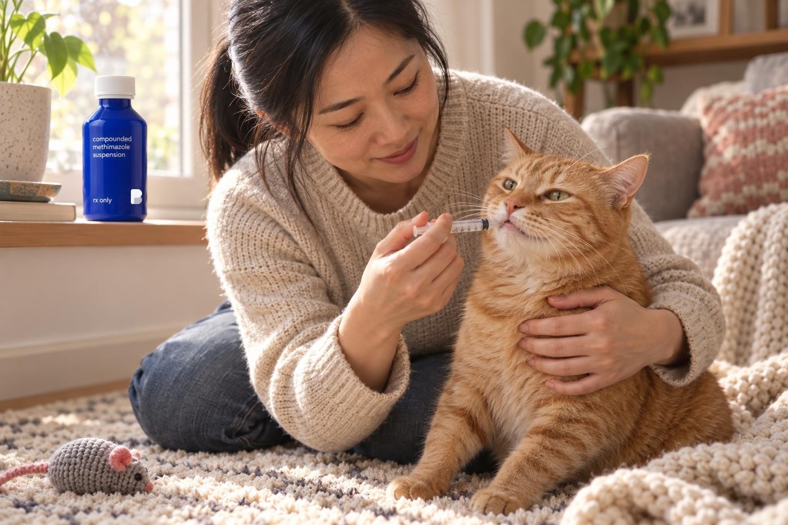 Mei giving her orange cat a dose from an oral syringe at home, a bottle of Bayview compounded methimazole suspension on the windowsill