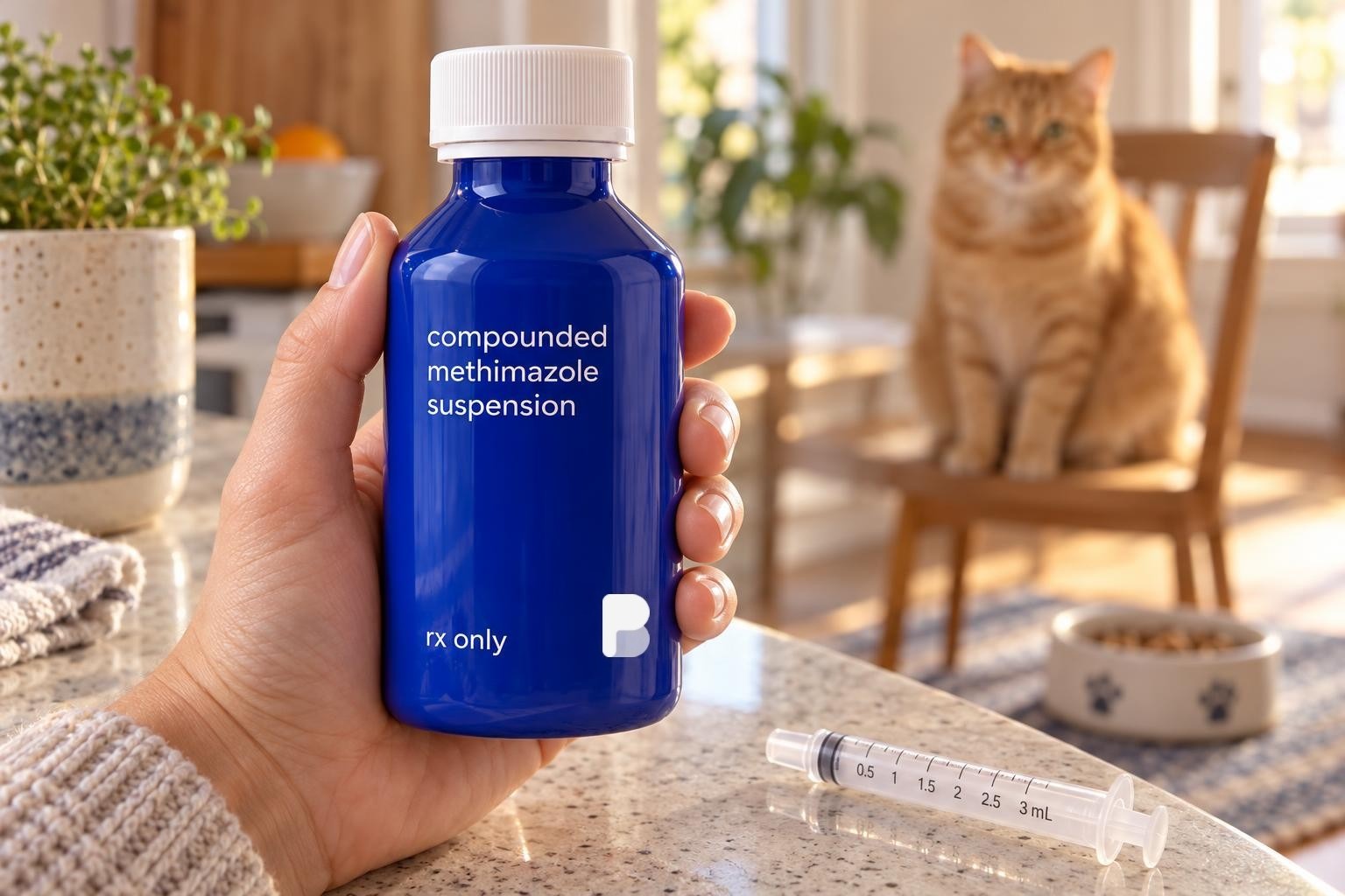 A hand holding a bottle of Bayview compounded methimazole suspension next to an oral syringe, with an orange cat waiting on a chair