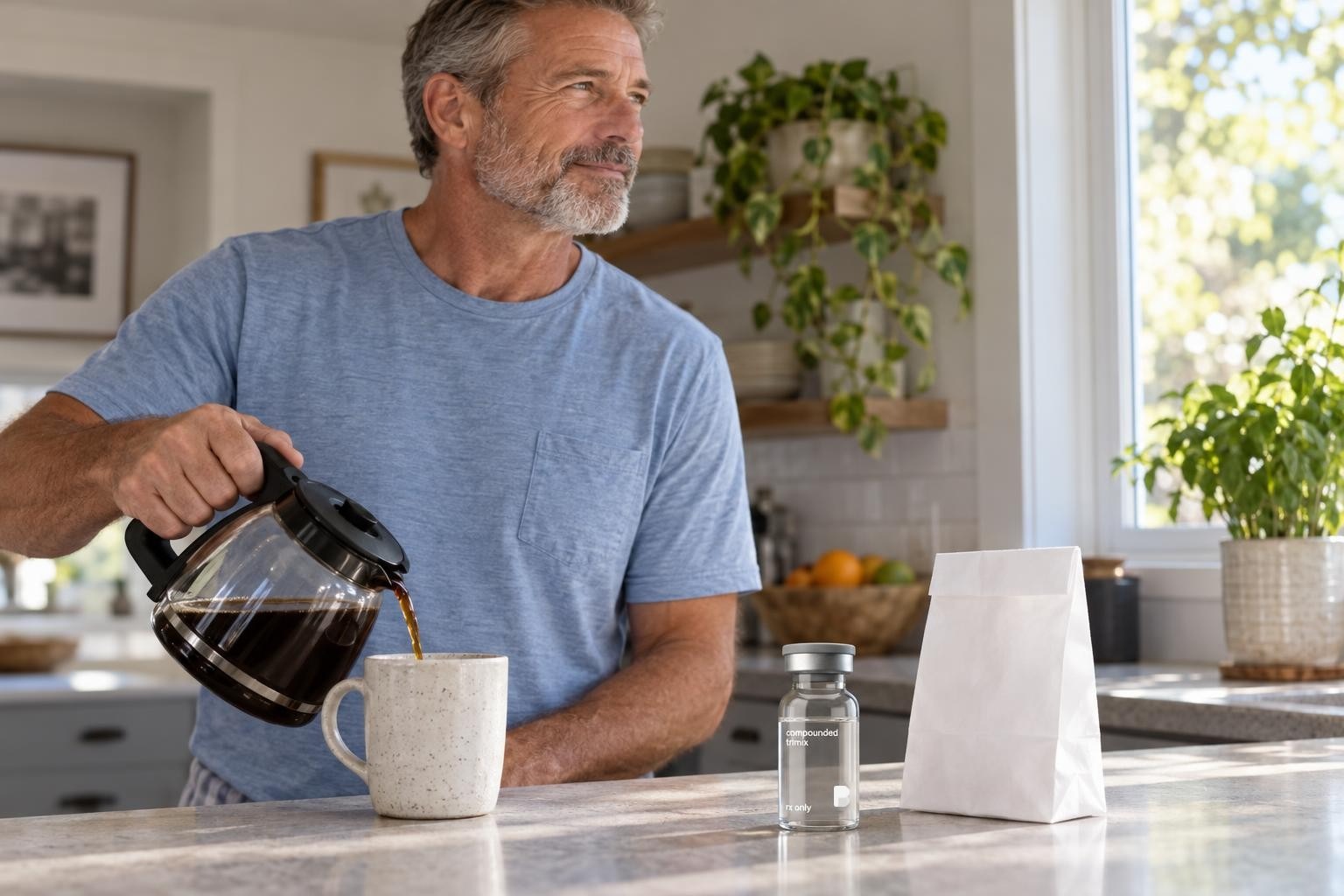 A man pouring coffee in his kitchen with a vial of Bayview compounded trimix and a pharmacy bag on the counter