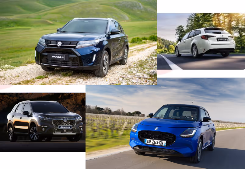 Collage of four Suzuki cars: blue Vitara on dirt road, white Swace on highway, black S-Cross at night, blue Swift on road.