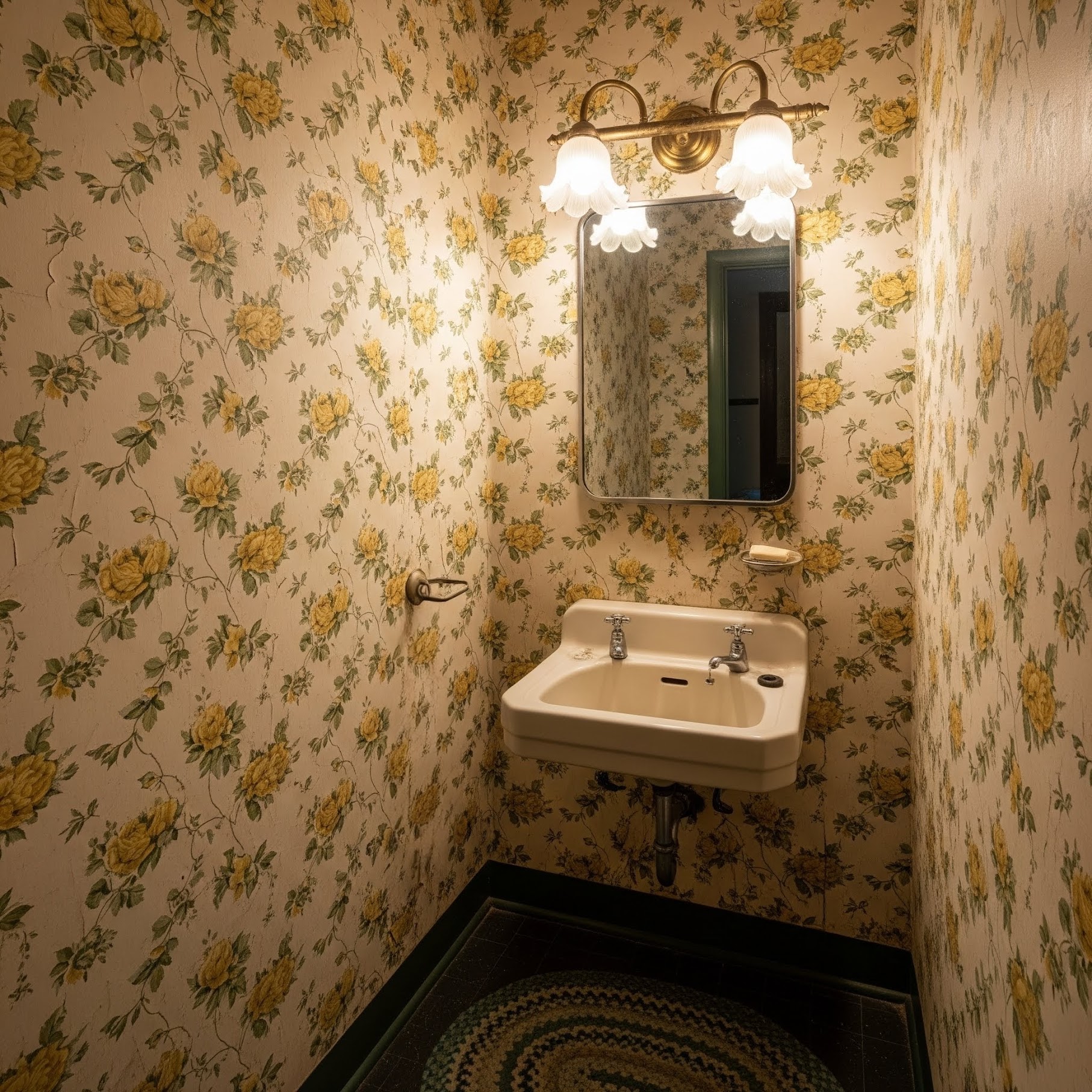 A powder room remodeled with wallpaper and new fixtures