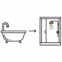 Shower replacement icon showing an outdated shower being replaced with a new modern one with rain shower head and glass enclosure