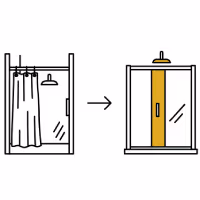 Shower replacement icon showing an outdated shower being replaced with a new modern one with rain shower head and glass enclosure