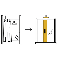 Shower replacement icon showing an outdated shower being replaced with a new modern one with rain shower head and glass enclosure