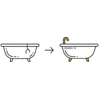 Tub replacement icon showing a dingy old tub being replaced by a brand new sparkling one