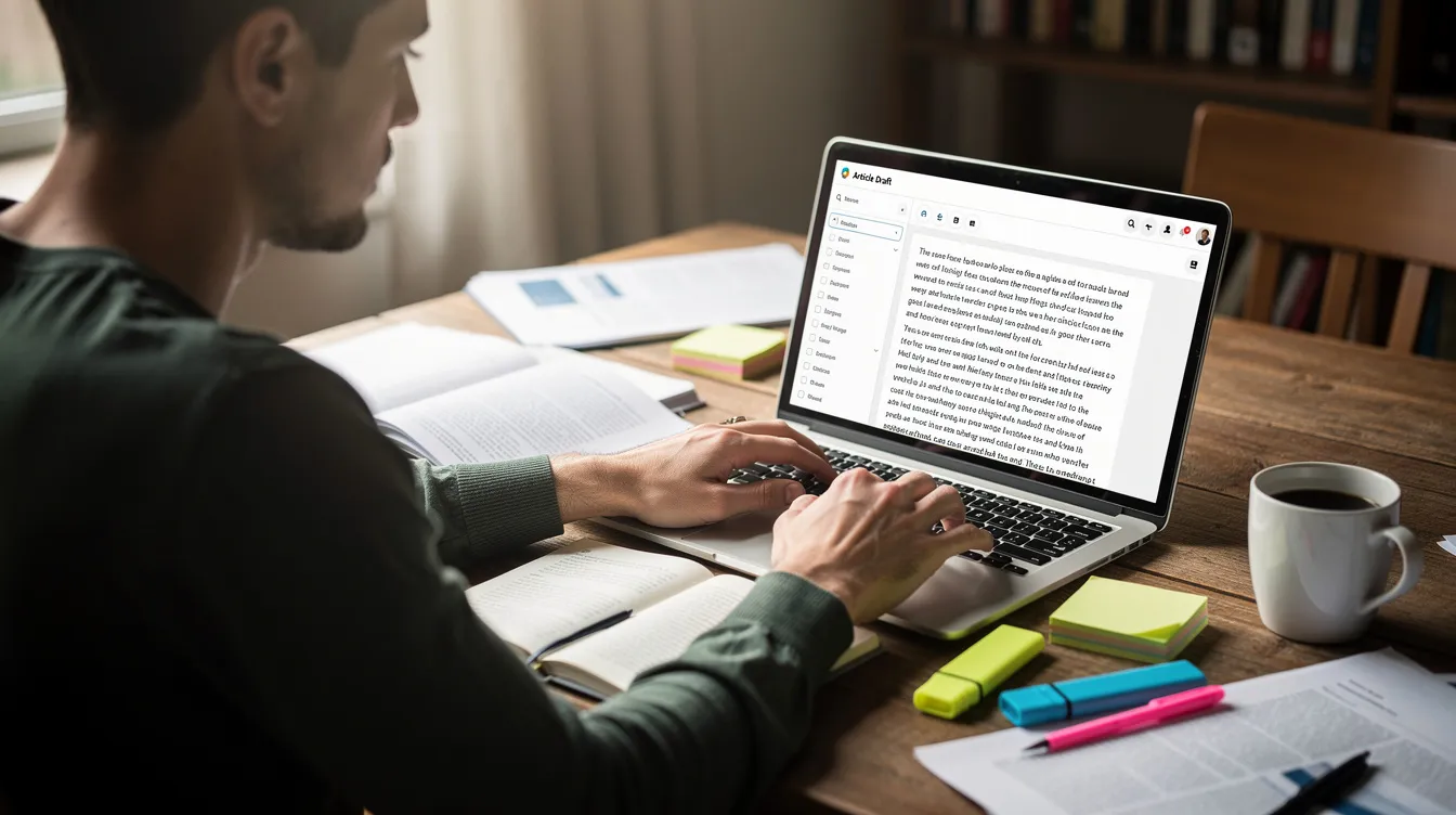 The image shows a focused writer seated at a cluttered desk, surrounded by research materials and a laptop displaying a content editor interface that likely includes features for search engine optimization, such as keyword research and SEO tools. The workspace suggests a blend of creativity and technical expertise, essential for optimizing content for search engines.