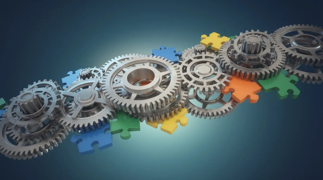 The image depicts a complex arrangement of interconnected gears and puzzle pieces, symbolizing the various components of an effective SEO strategy. This visual representation highlights the importance of keyword research tools, search engine optimization, and competitor analysis in enhancing organic search traffic and improving search visibility.