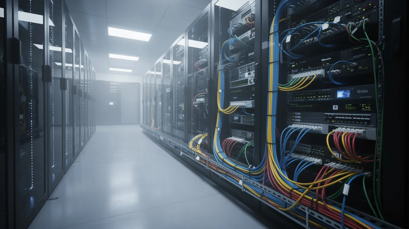 The image showcases a modern server infrastructure filled with various cables and advanced technology equipment, illustrating the complexity of managing search engine optimization (SEO) strategies and keyword research tools. This setup is essential for optimizing search visibility and enhancing organic search traffic through effective competitor analysis and technical SEO practices.