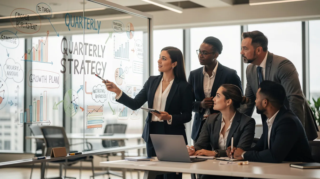 The image depicts a diverse business team collaborating around a strategy whiteboard, discussing various aspects of their SEO strategy, including keyword research and competitor analysis. The team members are engaged in brainstorming relevant keywords and exploring keyword opportunities to enhance their search engine optimization efforts.