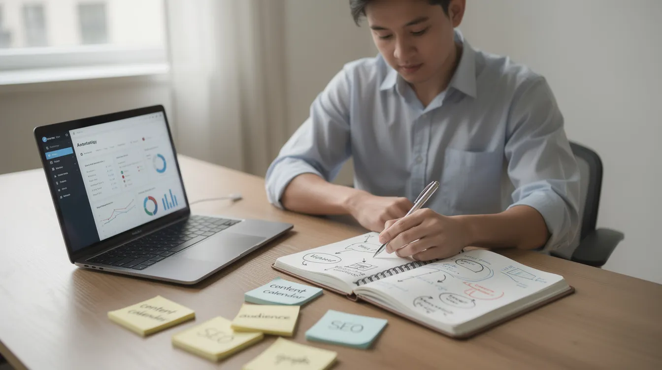 A person is seated at a desk, focused on planning their content strategy with a laptop and an open notebook, aiming to create high-quality blog content that will engage their target audience and drive organic traffic to their website. The workspace reflects a commitment to successful blogging, featuring notes on blog topics, keyword research, and an editorial calendar for effective content marketing.
