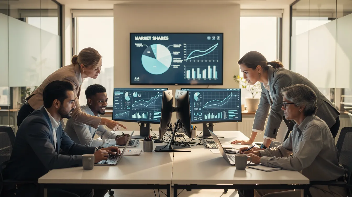 A diverse team is gathered around a table, intently analyzing competitor data displayed on multiple computer screens. They are discussing strategies for improving their own blog's content and search engine optimization to attract more website visitors and enhance their content marketing efforts.