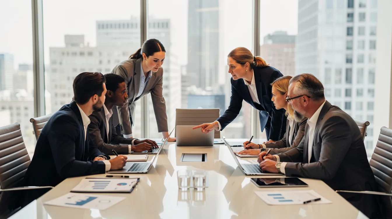 The image depicts a group of business professionals collaborating around a table, each engaged with their laptops. They are discussing strategies for effective link building and enhancing search engine rankings through high quality backlinks and relevant content marketing.