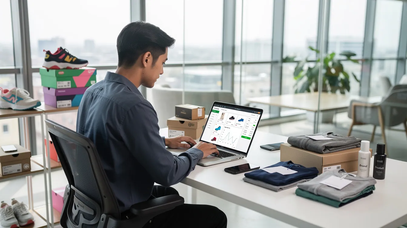 The image depicts a person working on a laptop in a modern office setting, surrounded by various e-commerce products. This scene highlights the importance of link building strategies for enhancing search engine rankings and driving referral traffic to e-commerce sites.