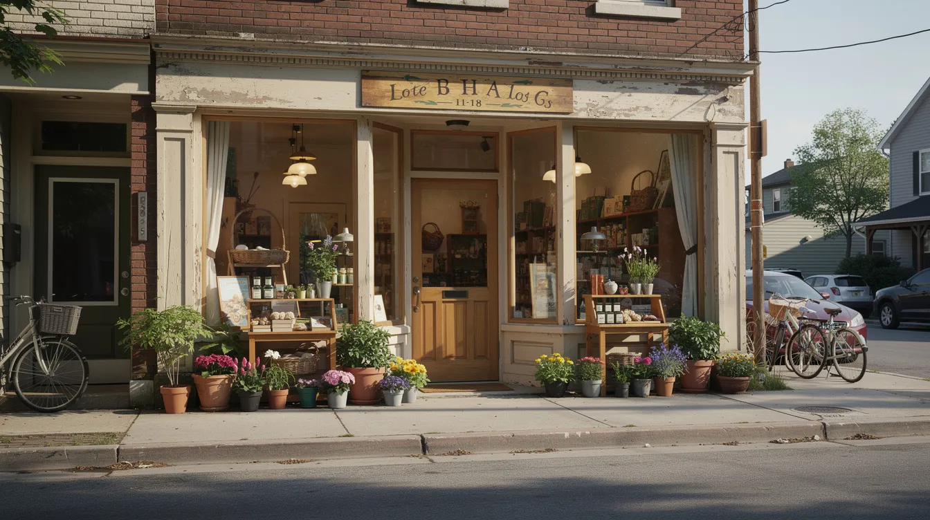 The image depicts a charming small local shop storefront nestled on a neighborhood street, featuring a welcoming entrance with colorful signage and decorative plants. This inviting scene reflects the essence of community and could serve as a valuable resource for local SEO strategies, enhancing search engine rankings through effective link building efforts.