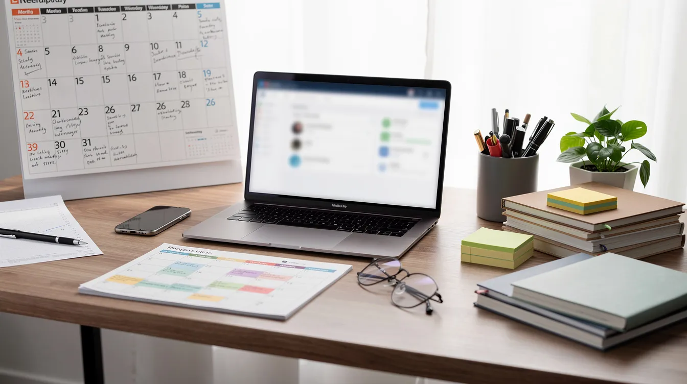 The image depicts a professional workspace featuring a laptop, a calendar, and various planning materials, emphasizing the importance of a documented content marketing strategy for engaging target audiences and achieving business goals. This organized setup highlights tools essential for content creation and management, fostering effective communication of complex ideas through high-quality content.