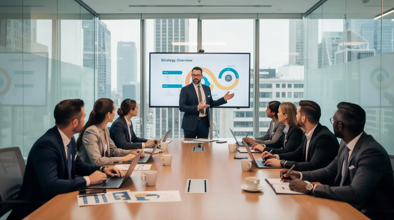 A professional meeting is taking place between an agency team and a client team, where they are discussing a content marketing strategy that aligns with business goals. The teams are engaged in communicating complex ideas about content creation, audience insights, and effective distribution channels to enhance brand visibility and drive organic traffic.