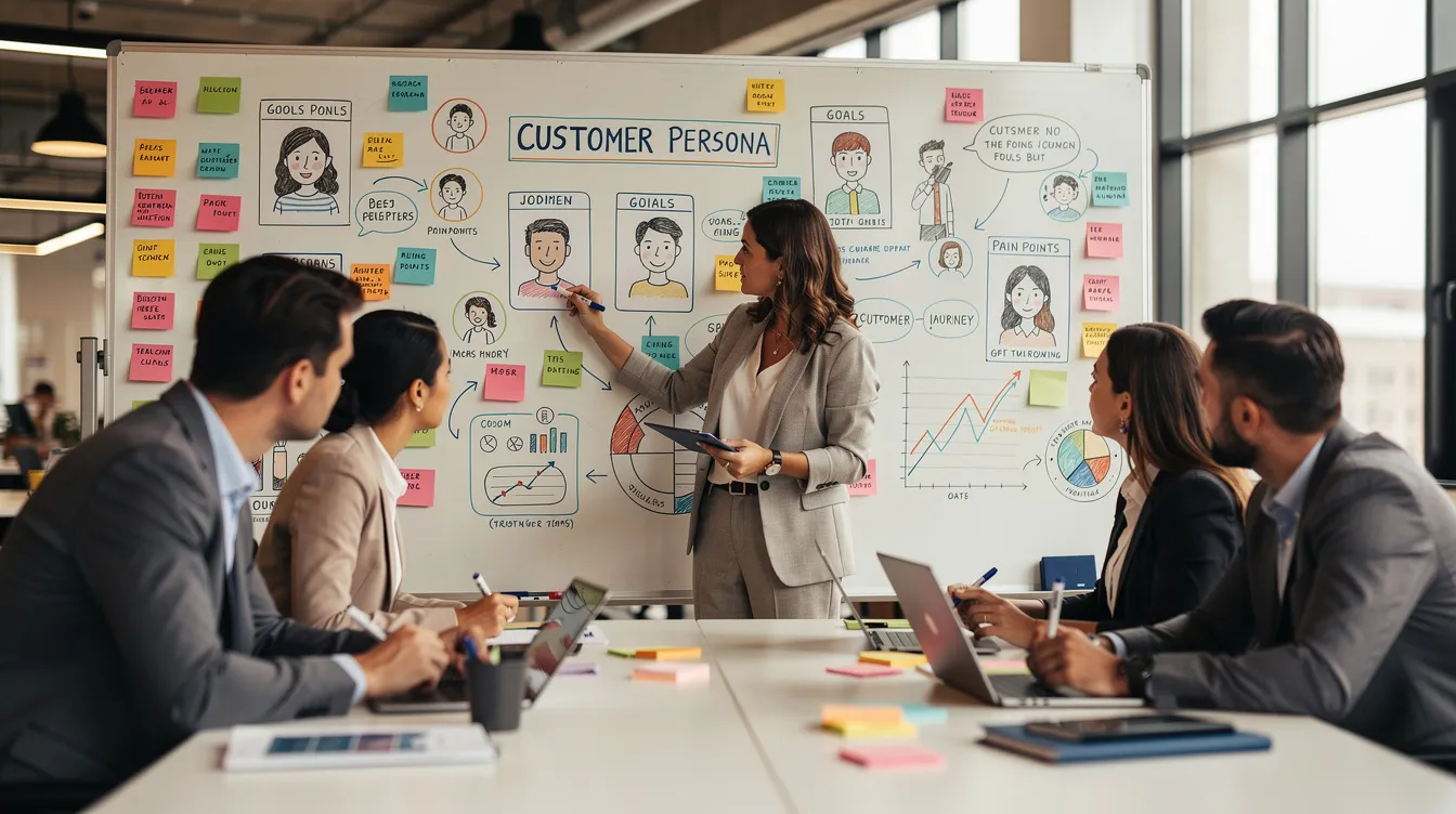 A team of professionals is gathered around a whiteboard, actively reviewing customer data and personas to enhance their content marketing strategy. They are focused on understanding their target audience and developing a successful content plan that aligns with their business goals.