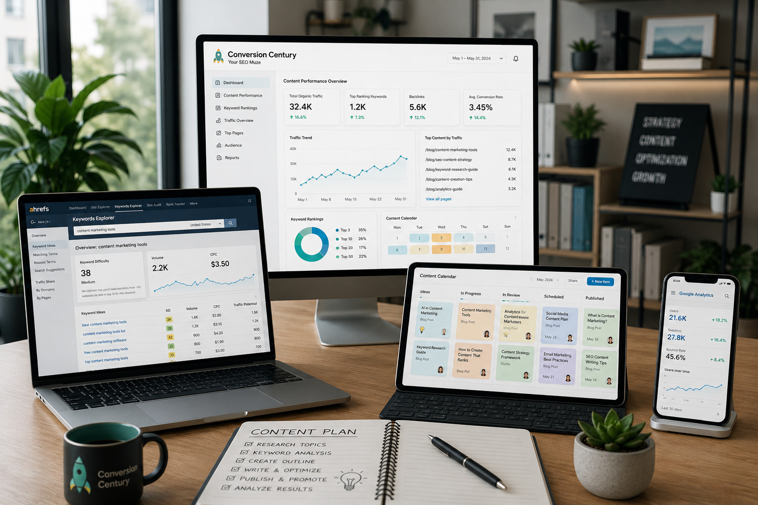 A desktop, laptop, tablet, and phone share one desk, each running a different tool, from an Ahrefs keyword overview to a content calendar and a Google Analytics report. The setup shows how a connected stack of content marketing tools covers research, planning, and measurement without ever leaving your workflow.