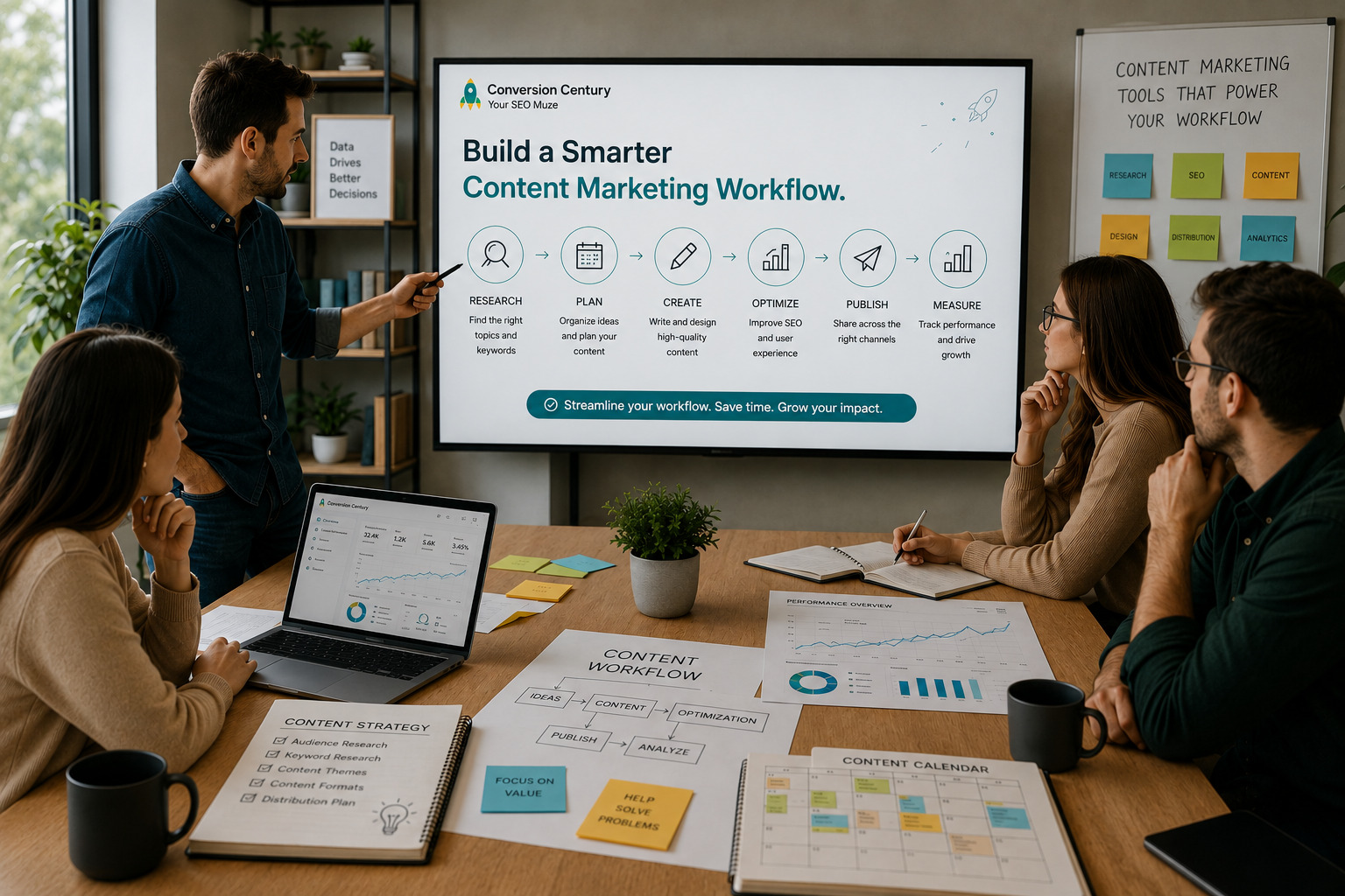 A team follows a presentation mapping a content marketing workflow across six steps: research, plan, create, optimize, publish, and measure. It illustrates how the right tools link each stage into one smarter, repeatable process.