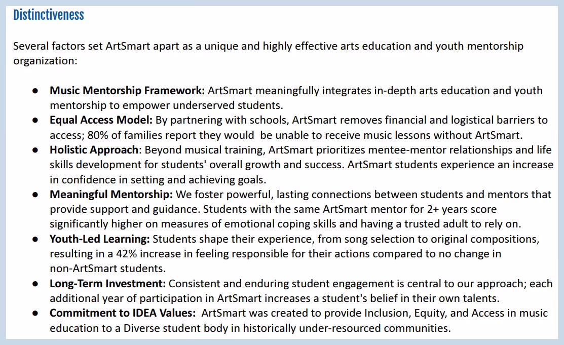 A nonprofit grant example that shows how ArtSmart communicated its unique approach