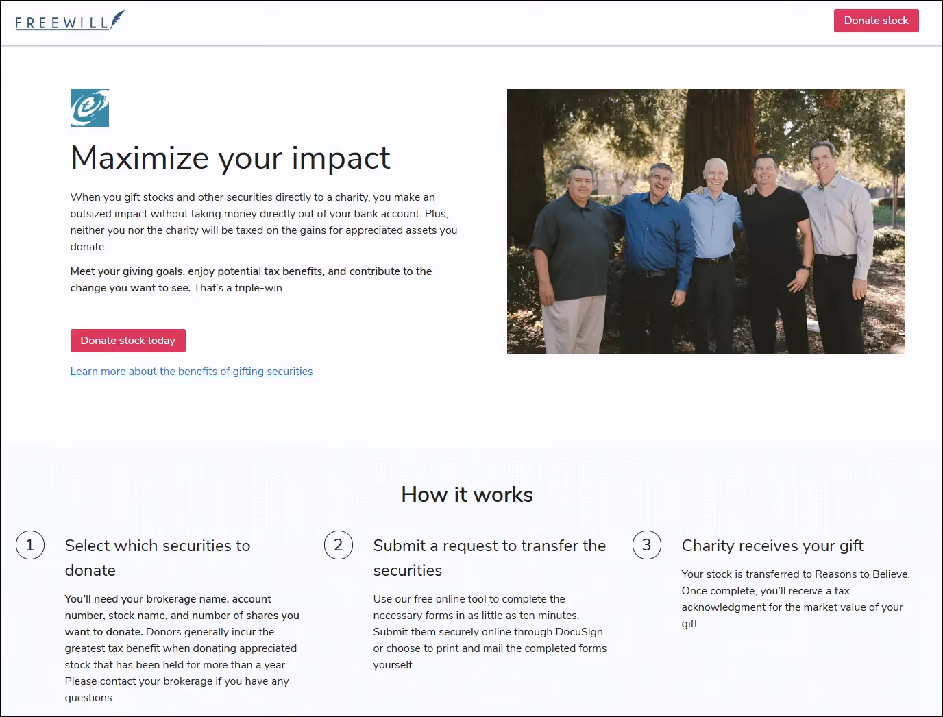 A screenshot of Reasons to Believe’s stock gift page, which explains the process of donating stock.