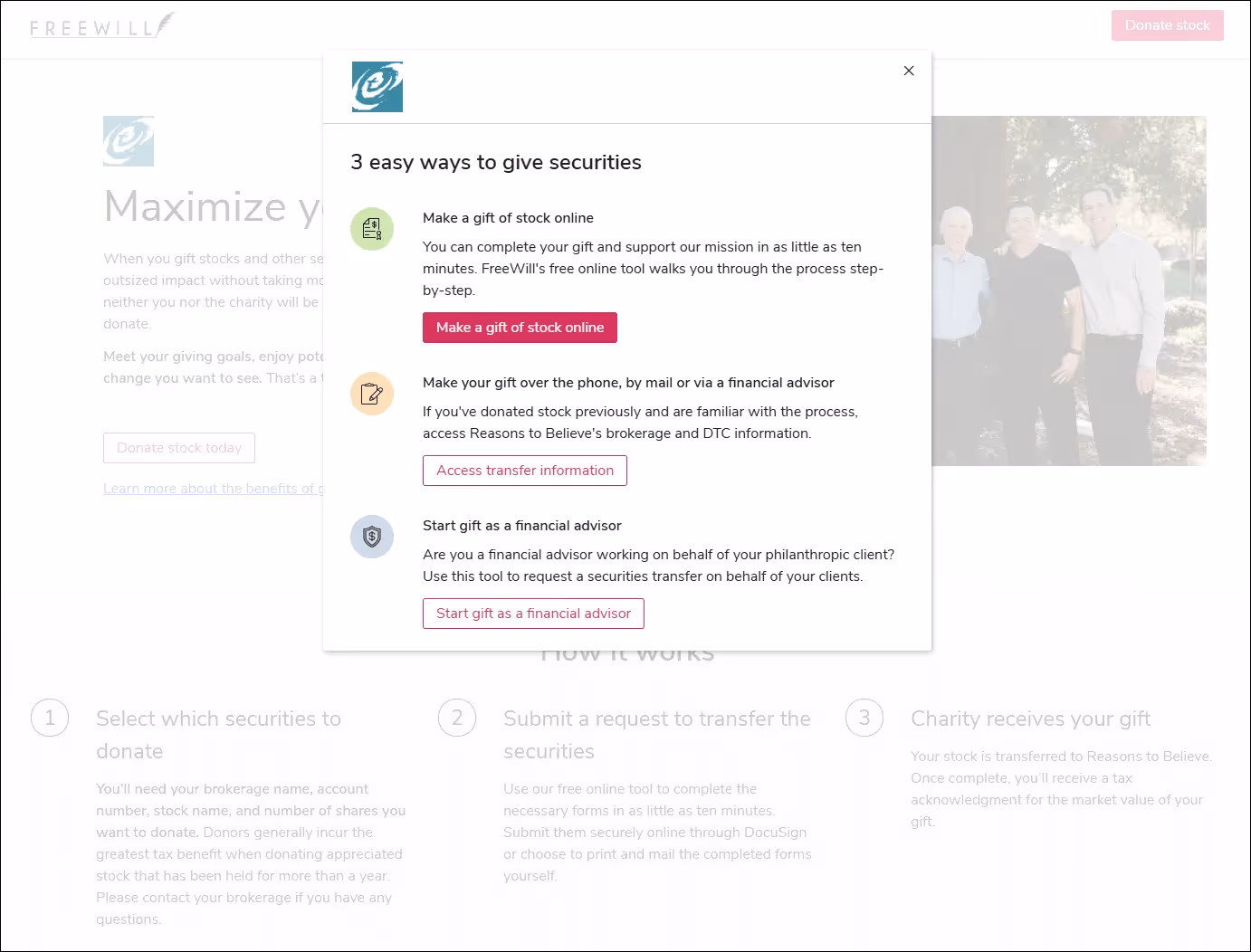 A screenshot showing three easy ways to give securities, with making a gift of stock as the first option.