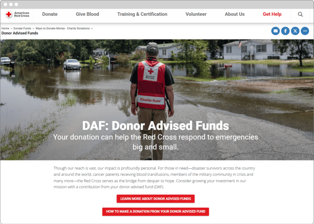 This example DAF giving page from the Red Cross shows that you should actively promote DAFs on your website.