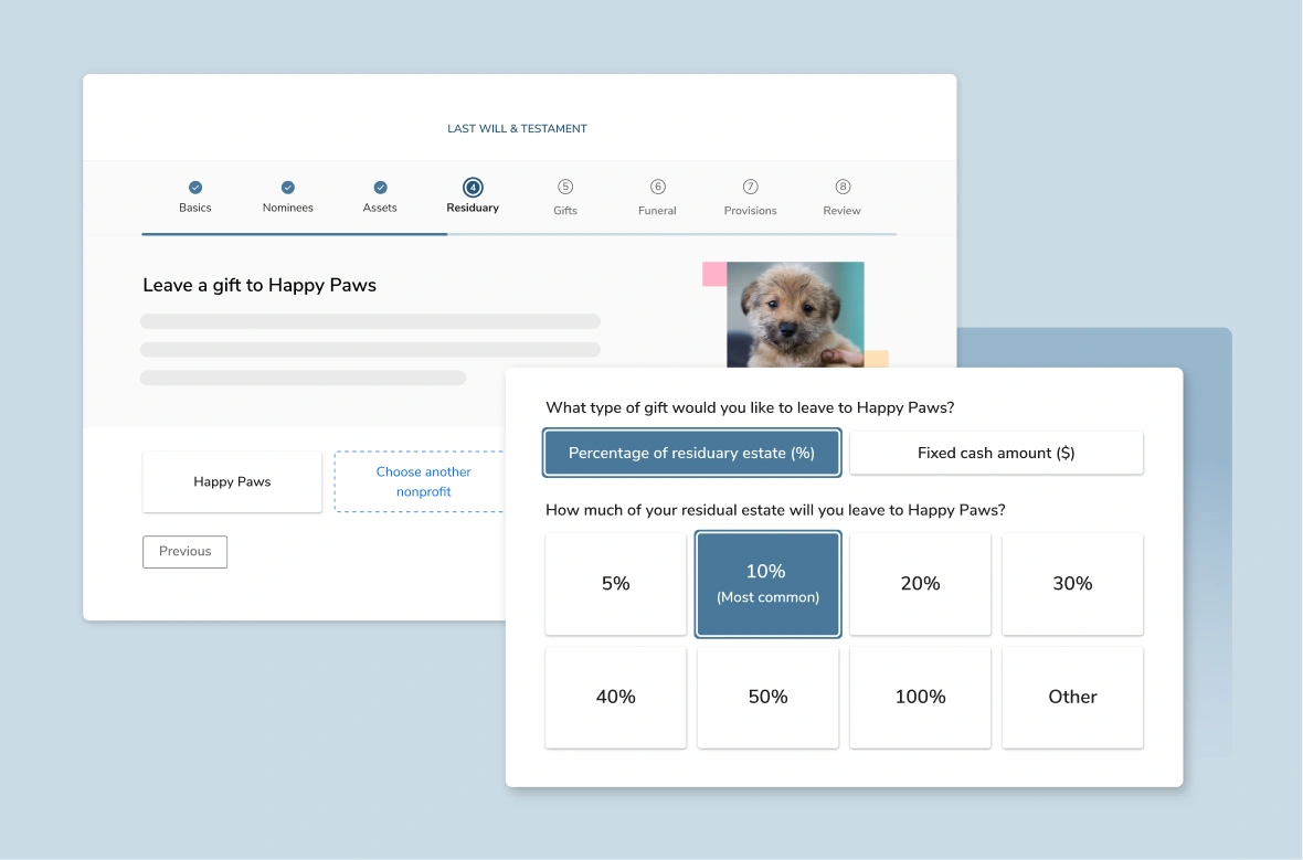 A mockup of FreeWill’s planned giving tools for nonprofits