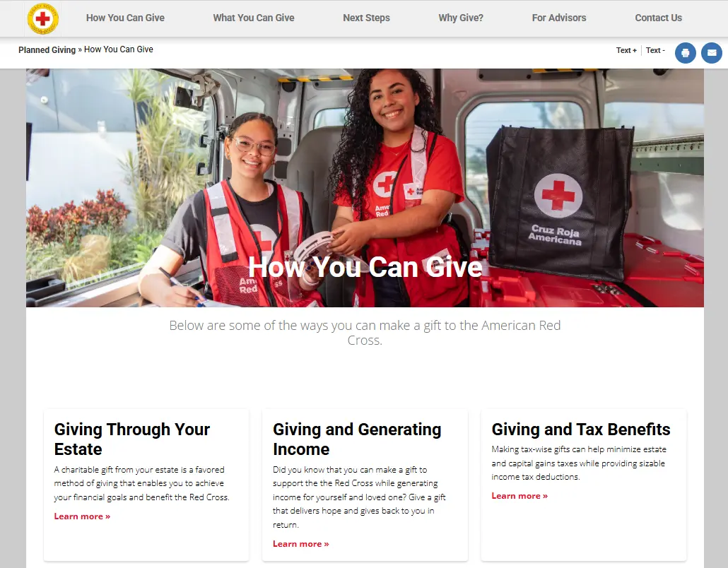 The American Red Cross uses a dedicated microsite to market planned giving to donors.