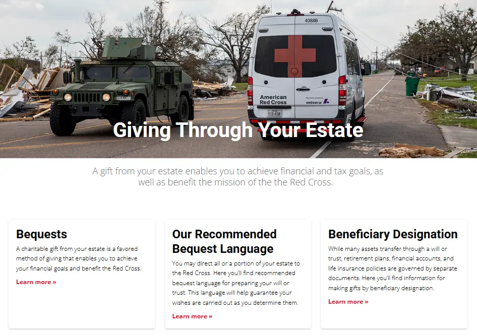 The American Red Cross offers individual landing pages that market specific types of legacy gifts.