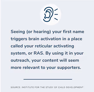 Seeing (or hearing) your first name triggers brain activation in a place called your reticular activating system, or RAS. By using it in your planned giving outreach, your content will seem more relevant to supporters.