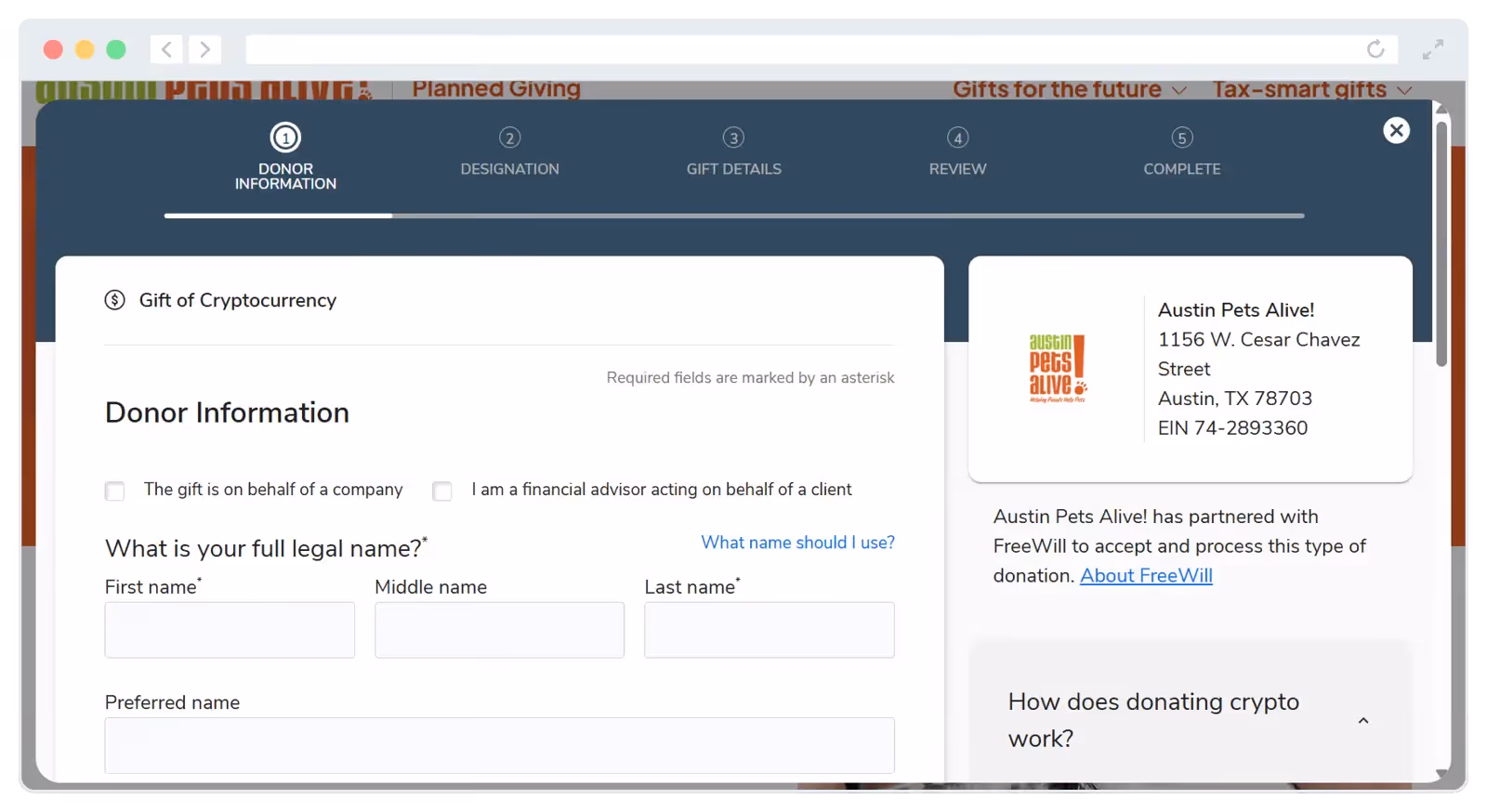 Austin Pets Alive! embedded a cryptocurrency donation form from FreeWill on its website.