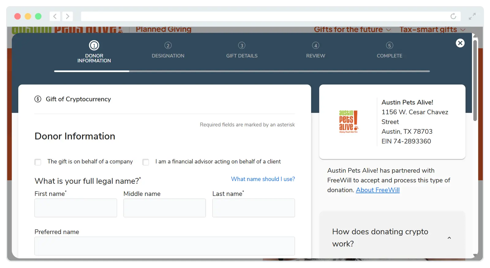 Austin Pets Alive! embedded a cryptocurrency donation form from FreeWill on its website.