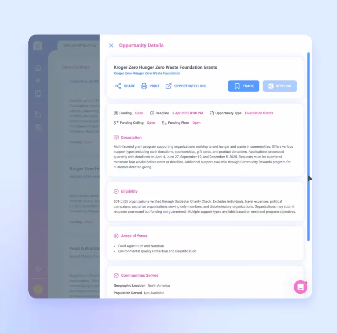 An example of a funding opportunity within Grant Assistant’s grant database for nonprofits