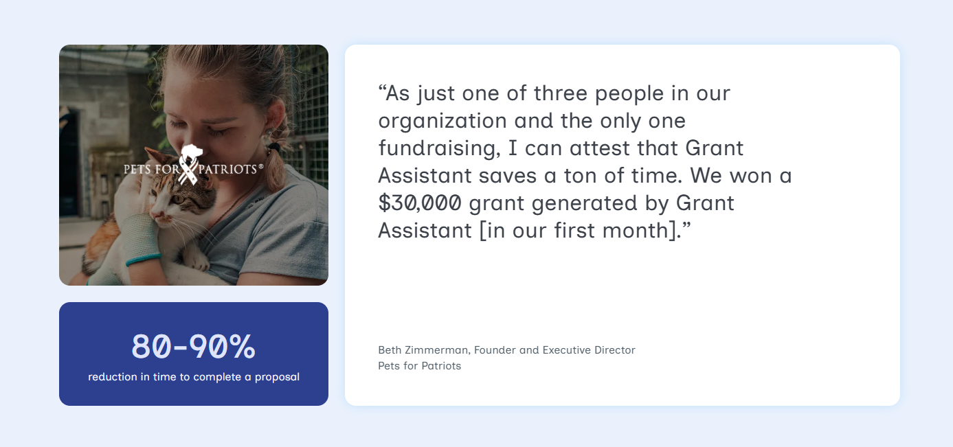 Pets for Patriots’ testimonial for Grant Assistant’s leading AI grant writing tools.