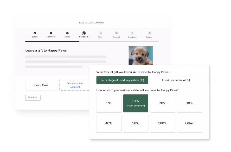 A mockup of will creation tools created with FreeWill’s planned giving software